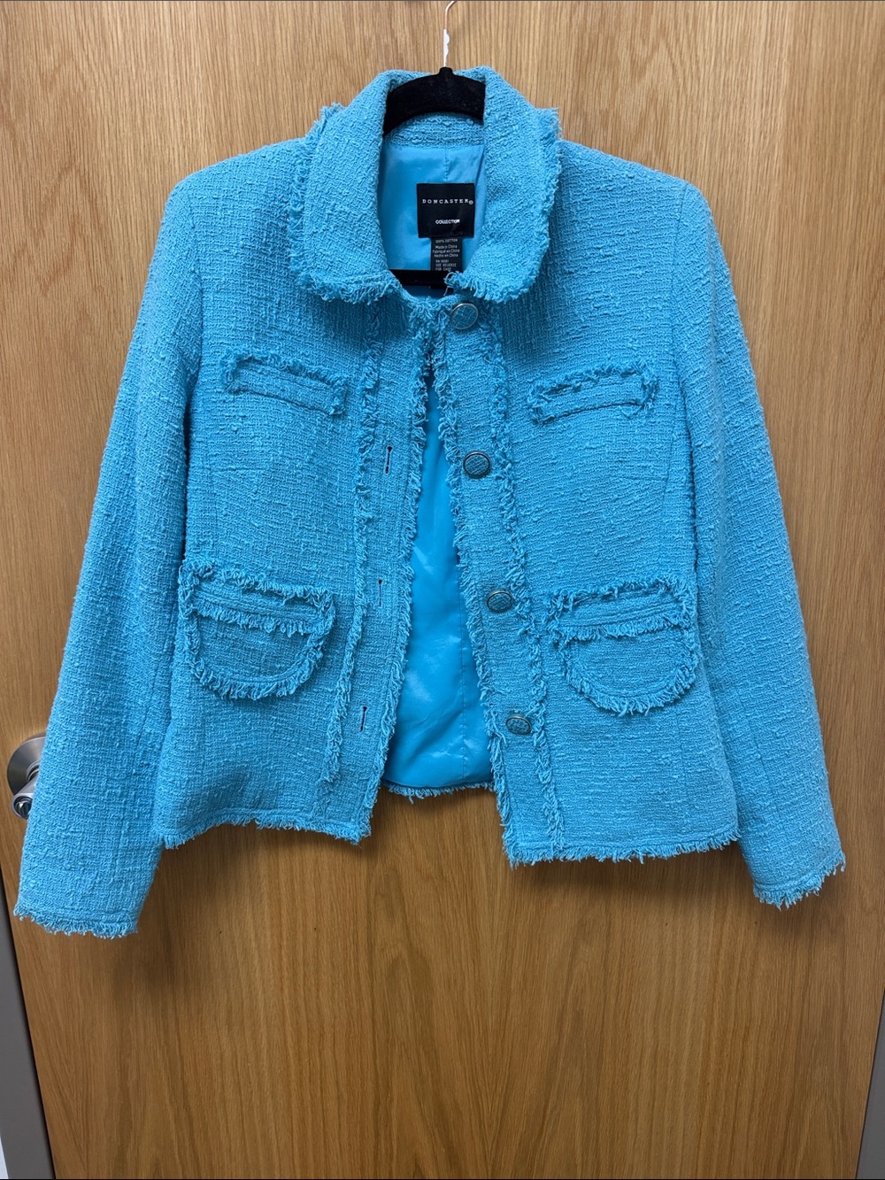 Doncaster 100% Cotton Preppy Old Money Bright Turquoise Tweed Fringe-Trim Blazer